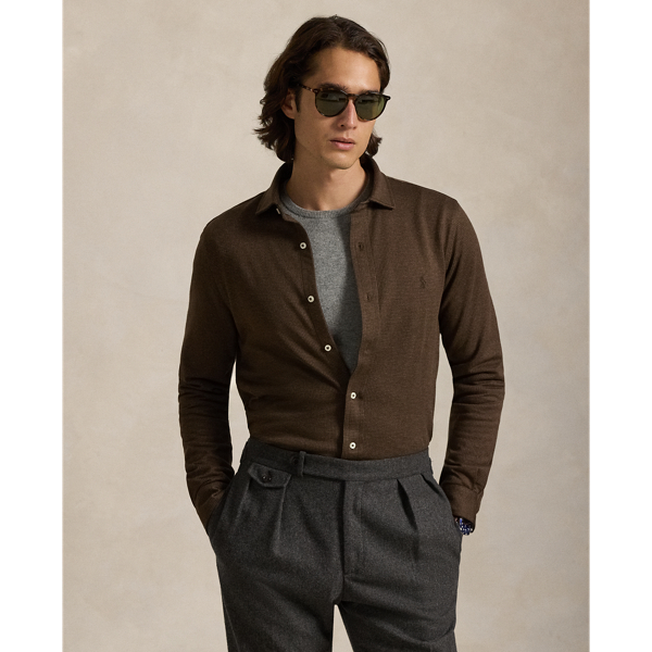 Nutmeg Brown Houndstooth Jersey Spread-Collar Shirt Polo Ralph Lauren 1