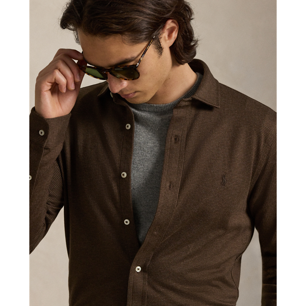 Nutmeg Brown Houndstooth Jersey Spread-Collar Shirt Polo Ralph Lauren 6