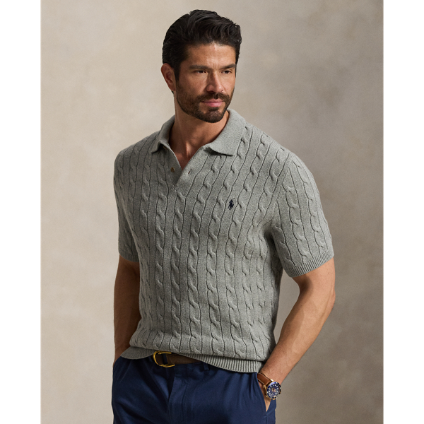 Fawn Grey Heather Cable-Knit Cotton Polo Sweater Big & Tall 1