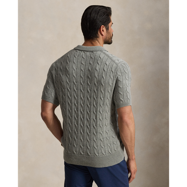 Fawn Grey Heather Cable-Knit Cotton Polo Sweater Big & Tall 5