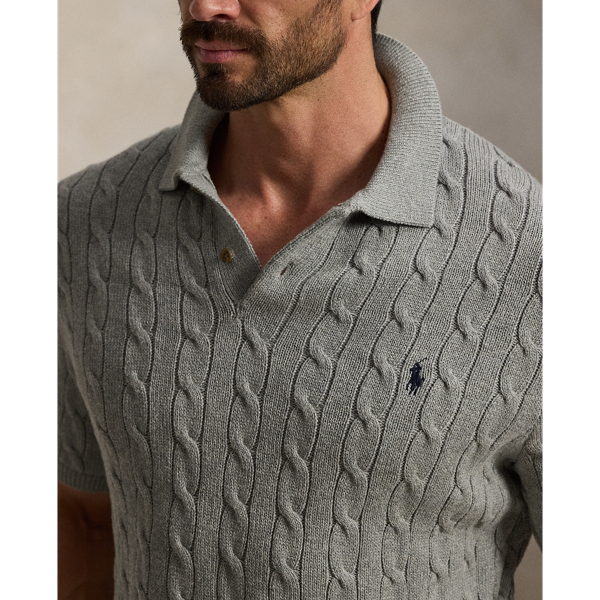 Fawn Grey Heather Cable-Knit Cotton Polo Sweater Big & Tall 6