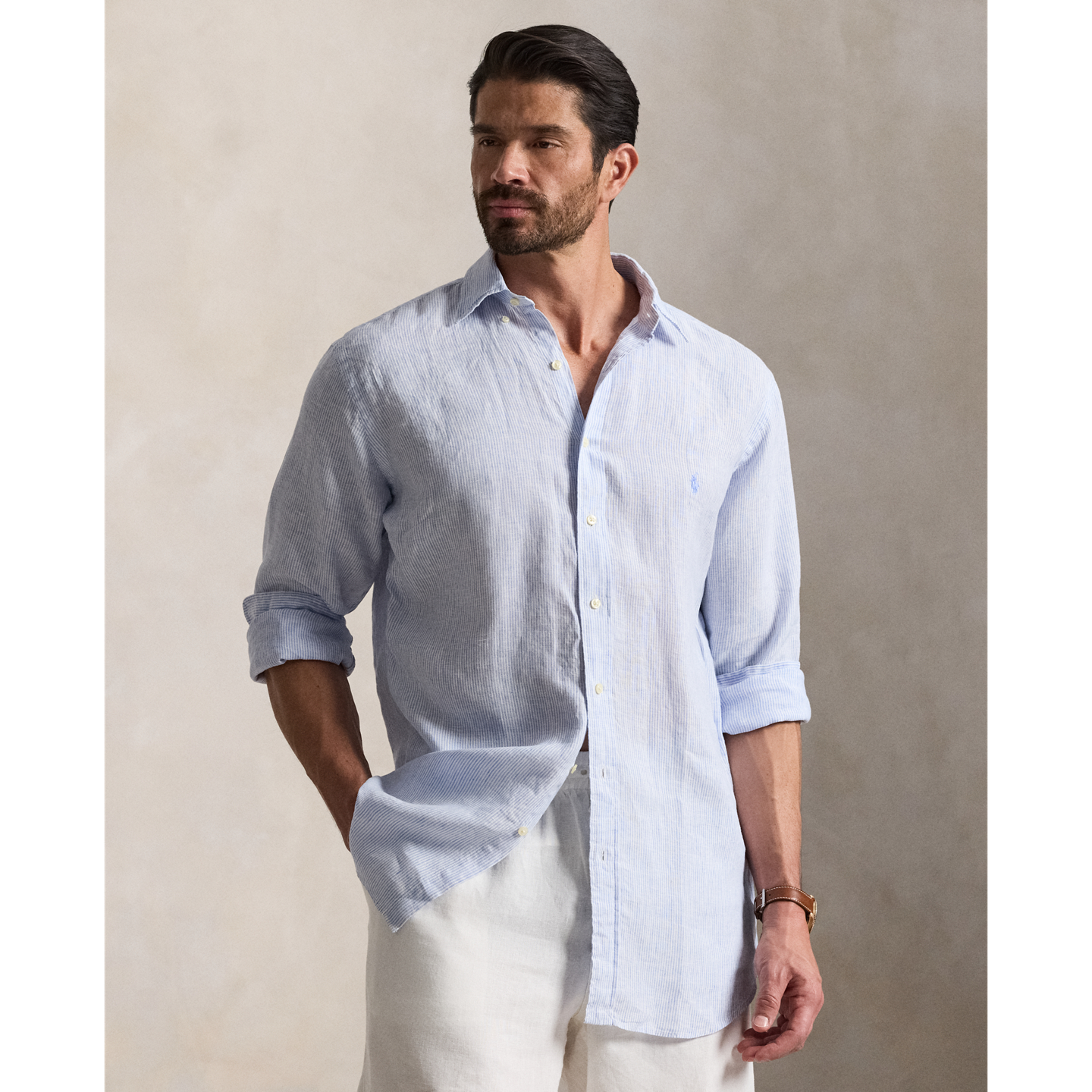 Мужская рубашка Ralph Lauren Linen, цвет: Синий / Белый — фото 4