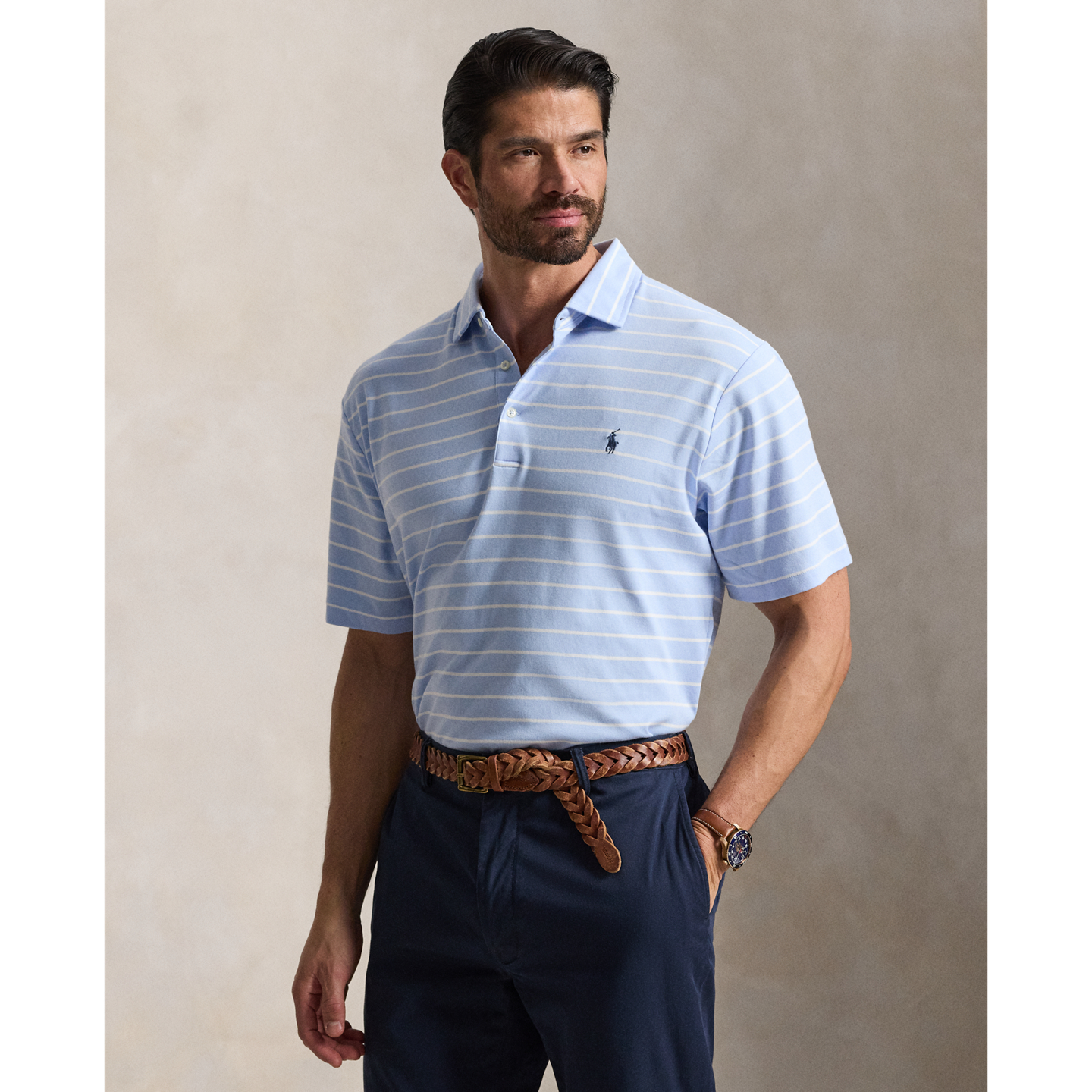Мужское поло Ralph Lauren Striped Soft Cotton Polo, цвет: Галечный синий / Белый — фото 4