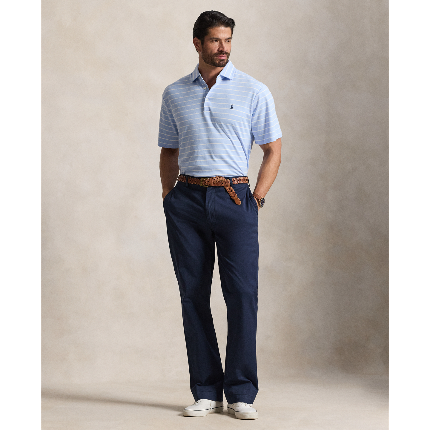 Мужское поло Ralph Lauren Striped Soft Cotton Polo, цвет: Галечный синий / Белый — фото 1