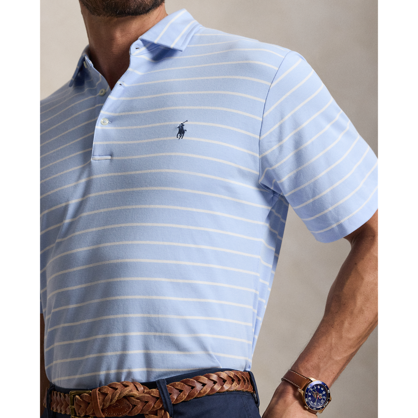 Мужское поло Ralph Lauren Striped Soft Cotton Polo, цвет: Галечный синий / Белый — фото 3