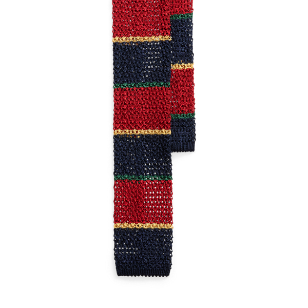 Red Multi Crest-Patch Striped Knit Silk Tie Polo Ralph Lauren 1