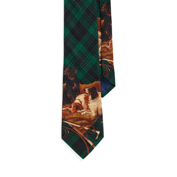 Plaid Dog-Print Wool Challis Tie 