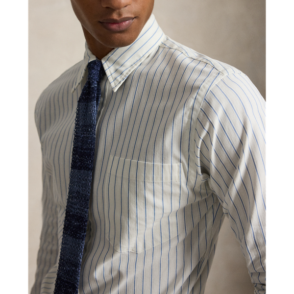 Cream Blue Dobby Custom Fit Striped Woven Shirt Polo Ralph Lauren 6
