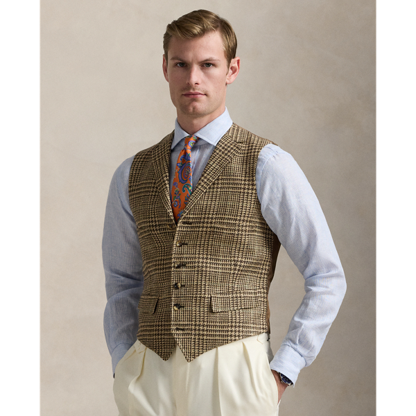 Tan/Brown And Green Deco Leinen-Seiden-Weste mit Glencheck-Muster Polo Ralph Lauren 1