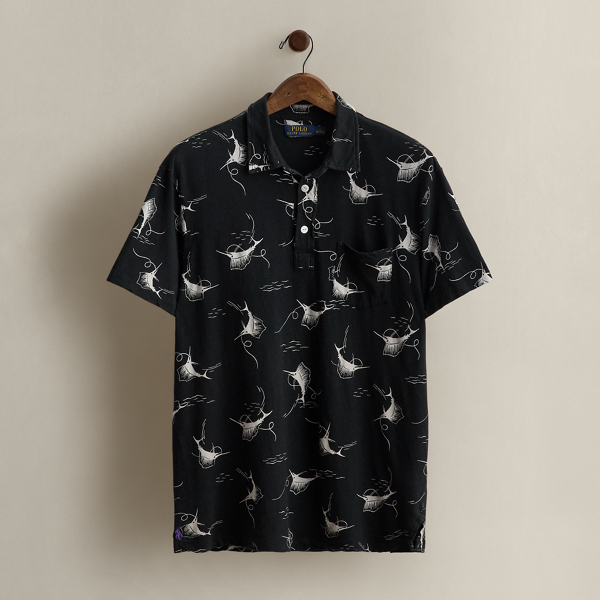 2015 Swordfish-Print Polo Shirt - Size L Ralph Lauren Vintage 1