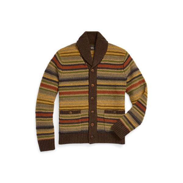 Brown Multi Striped Wool Shawl-Collar Cardigan RRL 1