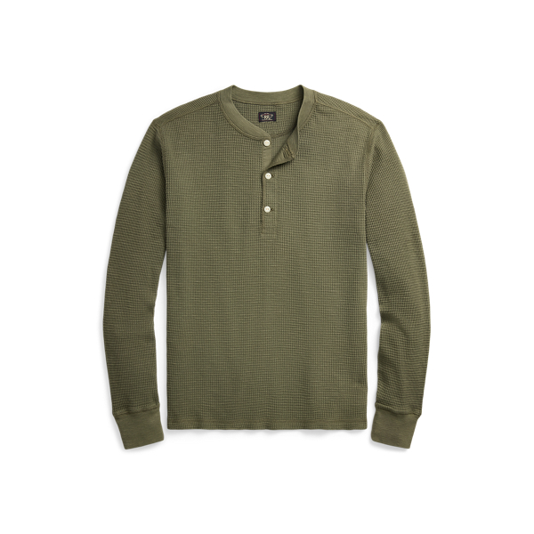 Olive Garment-Dyed Waffle-Knit Henley Shirt RRL 1