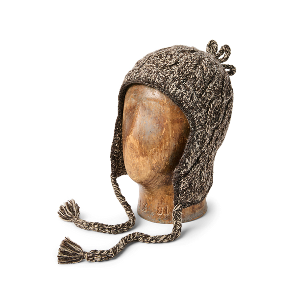 Brown/Cream Marled Aran-Knit Earflap Cap RRL 1