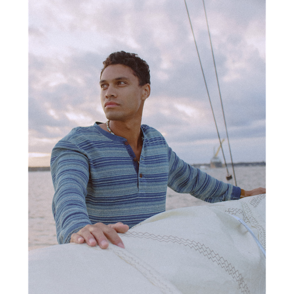 Indigo Striped Jacquard Henley Shirt