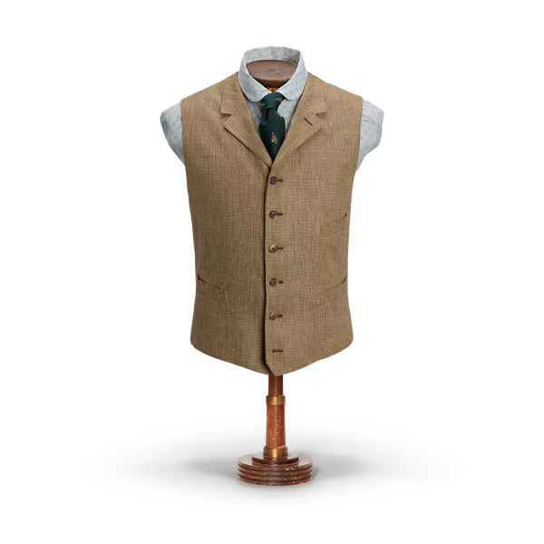 Brown/Tan Leinentwill-Weste mit fallendem Revers RRL 1