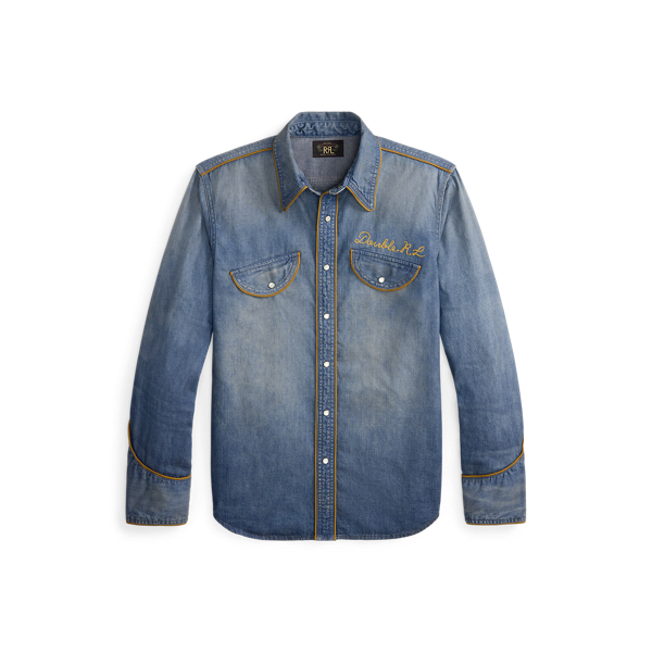 Camicia in denim indaco ricamata
