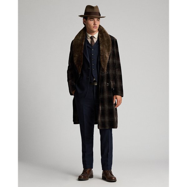 Shearling-Collar Plaid Corduroy Topcoat