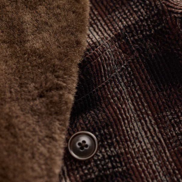 Shearling-Collar Plaid Corduroy Topcoat