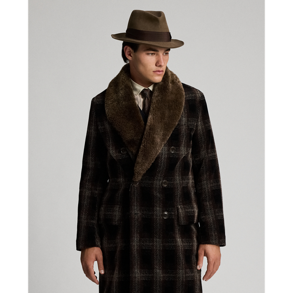 Shearling-Collar Plaid Corduroy Topcoat