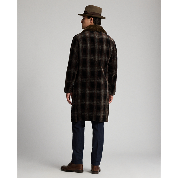 Shearling-Collar Plaid Corduroy Topcoat