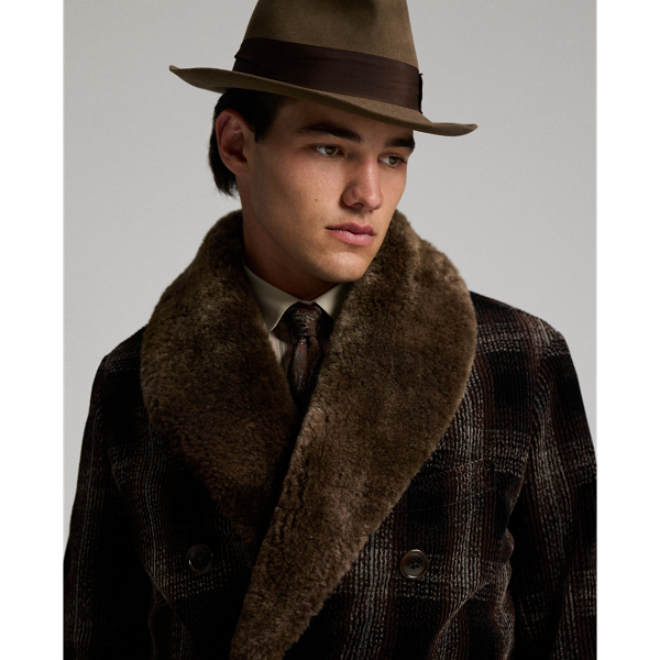 Shearling-Collar Plaid Corduroy Topcoat