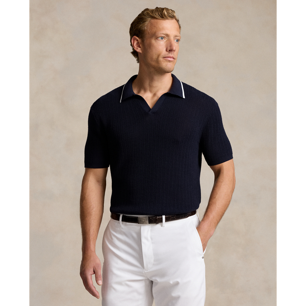 Refined Navy Textured Cotton Short-Sleeve Sweater RLX 1