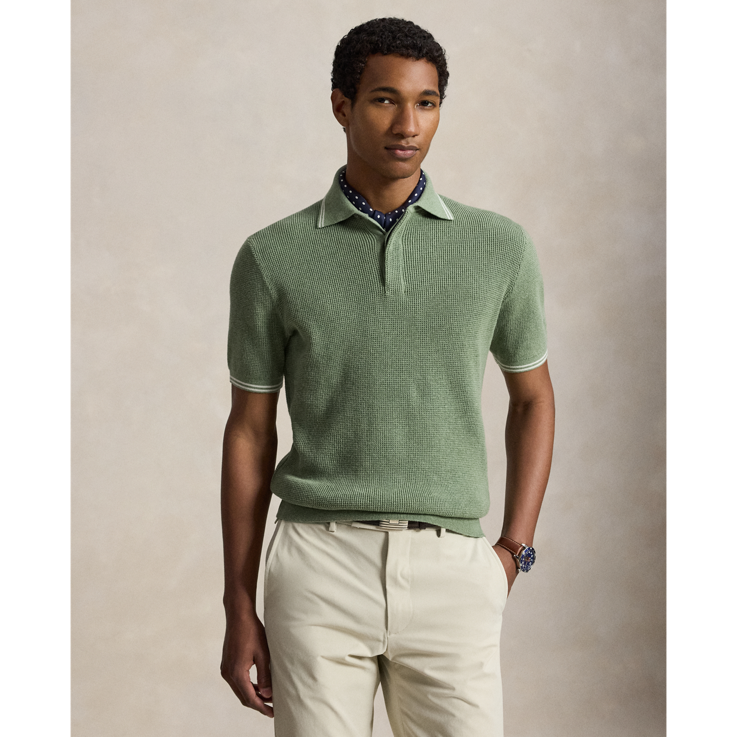 Мужской хлопковый свитер-поло Ralph Lauren из вафельного трикотажа, цвет: Зелёный меланжевый / Галечный — фото 5
