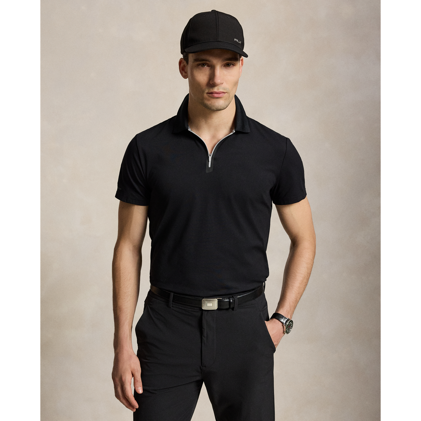 Мужское поло Ralph Lauren Tailored Fit Performance Zip Polo, цвет: Чёрный — фото 4