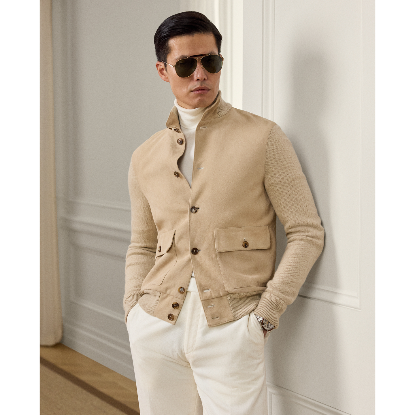 Мужской кардиган Ralph Lauren Suede-Front Cashmere, цвет: Шампань меланжевый — фото 5