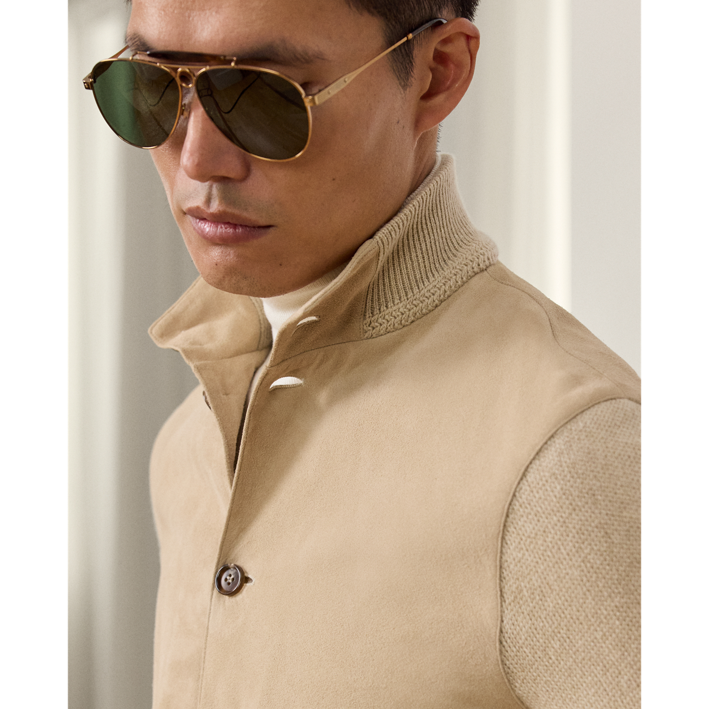 Мужской кардиган Ralph Lauren Suede-Front Cashmere, цвет: Шампань меланжевый — фото 3