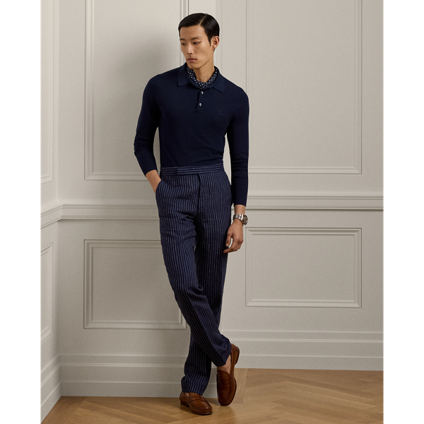 Classic Chairman Navy Textured Silk-Cotton Polo-Collar Sweater Purple Label 4