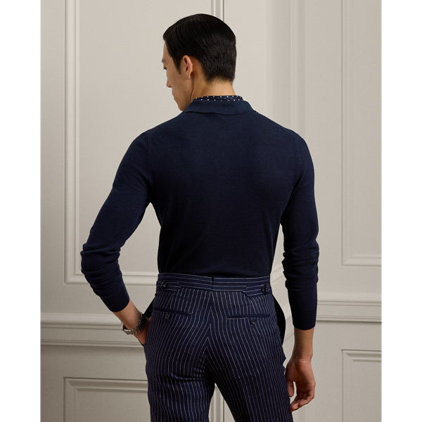 Classic Chairman Navy Textured Silk-Cotton Polo-Collar Sweater Purple Label 5