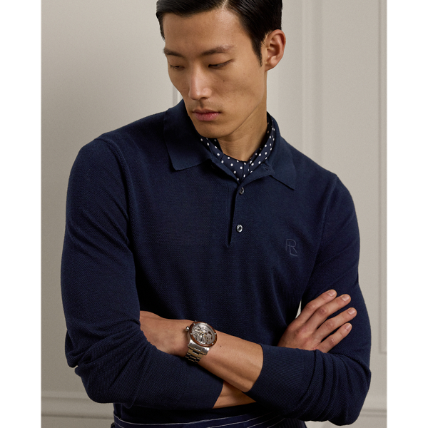 Classic Chairman Navy Textured Silk-Cotton Polo-Collar Sweater Purple Label 6