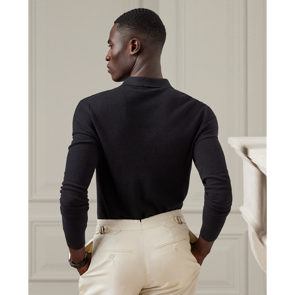 Black Textured Silk-Cotton Polo-Collar Jumper Purple Label 5