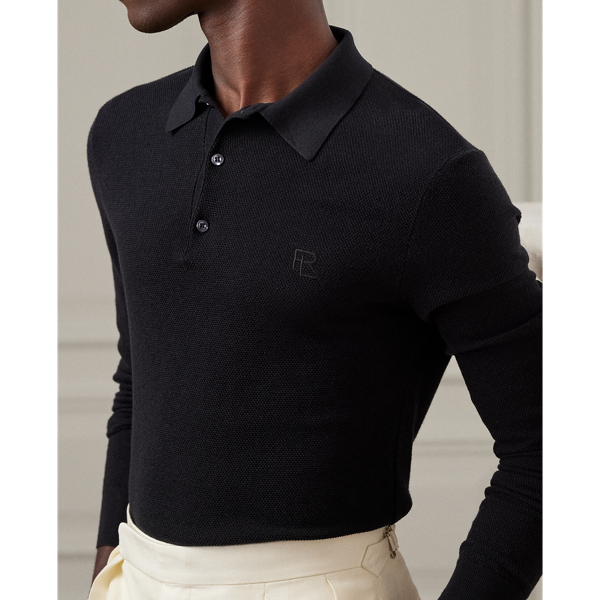 Black Textured Silk-Cotton Polo-Collar Jumper Purple Label 6