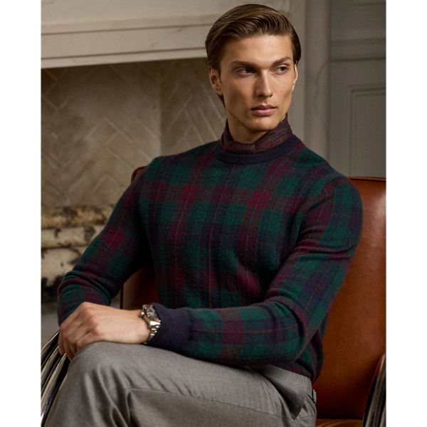 Plaid Cashmere Crewneck Sweater