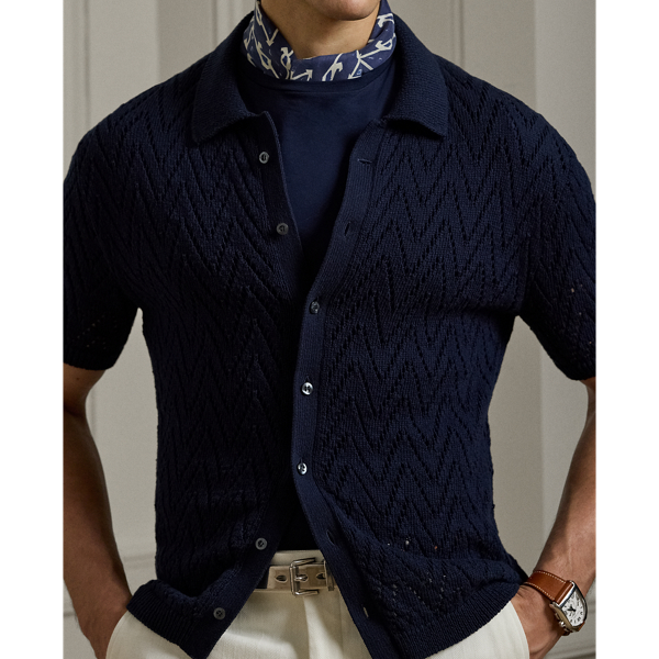 Textured Cotton Short-Sleeve Cardigan