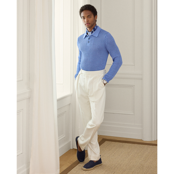 Textured Linen-Silk Polo-Collar Sweater