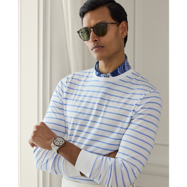 Deckwash White/Cornflower Striped Lisle Long Sleeve T-Shirt Purple Label 6