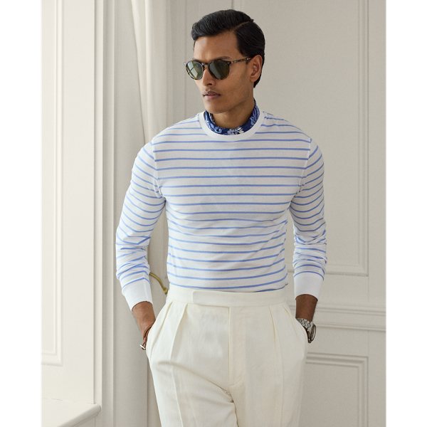 Deckwash White/Cornflower Striped Lisle Long Sleeve T-Shirt Purple Label 7