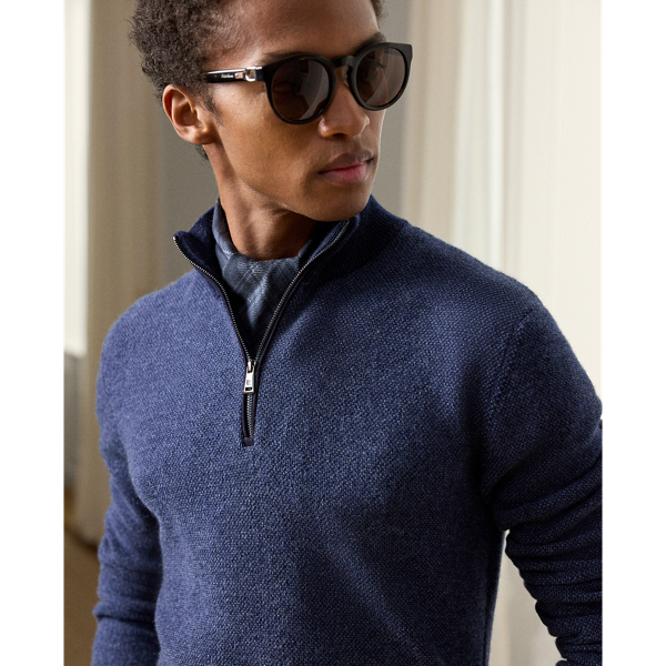 Classic Chairman Navy Birdseye Cashmere Quarter Zip Jumper Purple Label 6