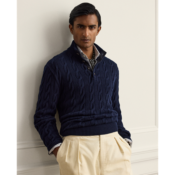 Classic Chairman Navy Cable-Knit Cashmere Mockneck Sweater Purple Label 1
