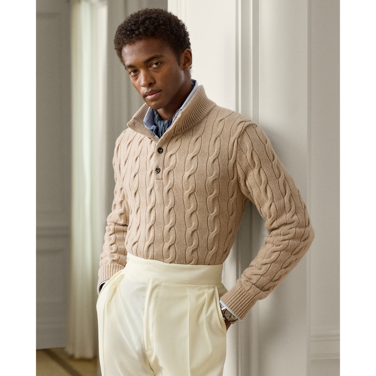 Мужской свитер Ralph Lauren Cable-Knit Cashmere Mockneck, цвет: Шампань меланжевый — фото 4