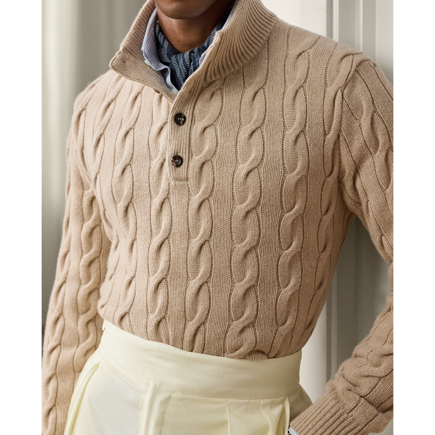 Мужской свитер Ralph Lauren Cable-Knit Cashmere Mockneck, цвет: Шампань меланжевый — фото 3