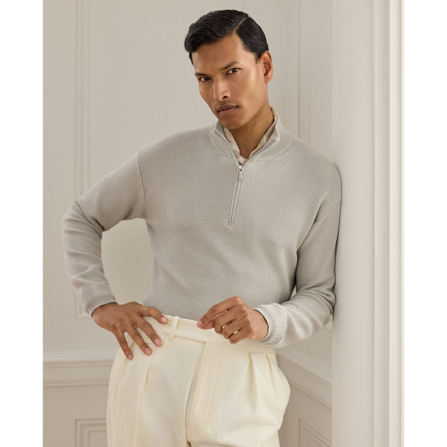 Мужской свитер Ralph Lauren Honeycomb Silk-Blend Quarter-Zip, цвет: Жемчужный серый — фото 4