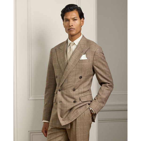 Taupe Multi Kent Hand-Tailored Plaid Suit Jacket Purple Label 1