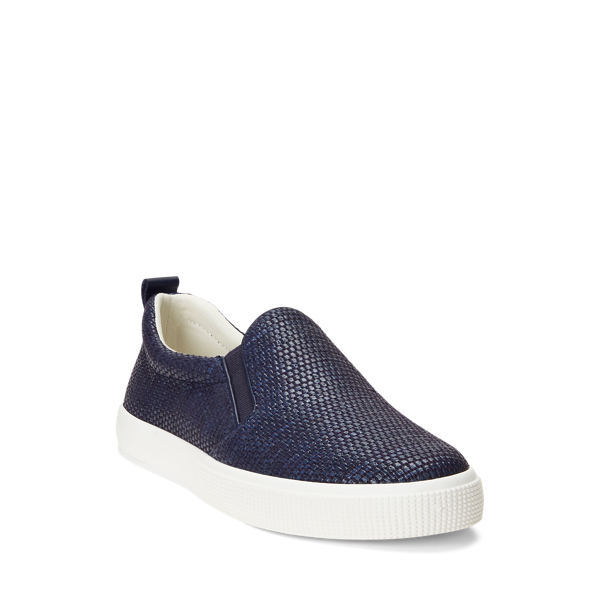 Refined Navy Haddley Leather-Trim Straw Sneaker Lauren 2