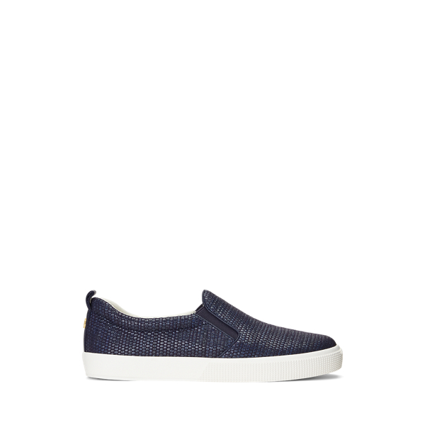 Refined Navy Haddley Leather-Trim Straw Sneaker Lauren 1