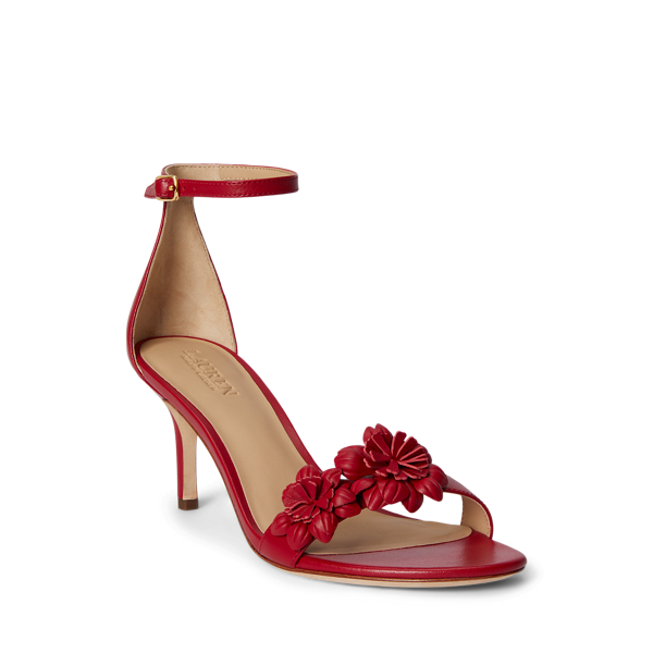 Festive Red Allie Mid-Heel Floral-Trim Nappa Sandal Lauren 2