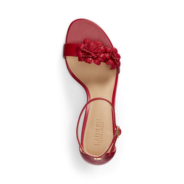 Festive Red Allie Mid-Heel Floral-Trim Nappa Sandal Lauren 4